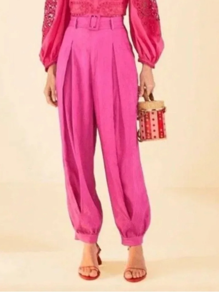 Farm Rio Pink Embroidered Belted Tapered Pants Size Large